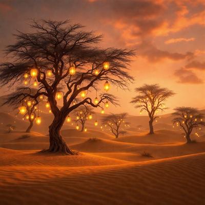 The primary subject of the image is a tree with lights on it, standing in a desert-like environment. The tree is surrounded by other trees, creating a sense of a forest in the middle of the desert. The visual style of the image is a digital art or illustration, with the tree and its lights being the main focus. The colors and mood of the image are warm and inviting, with the lights on the tree creating a sense of warmth and comfort in the otherwise harsh desert landscape.